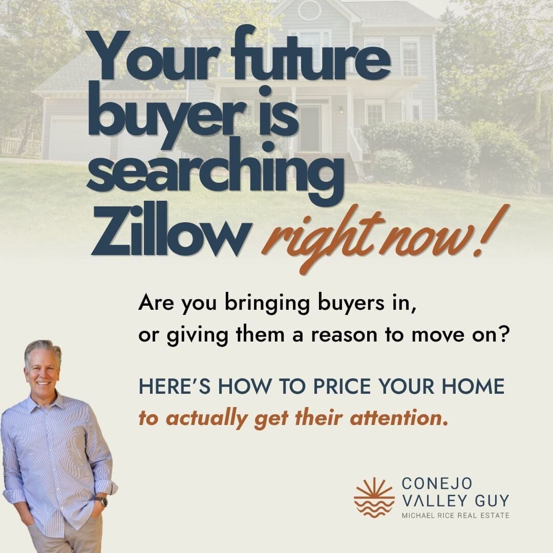 A real estate flyer shows a house, text about pricing your home for Zillow buyers, and a smiling man in the corner. The Conejo Valley Guy logo appears at the bottom, with a reminder to visit the Link In Bio Page for more details.