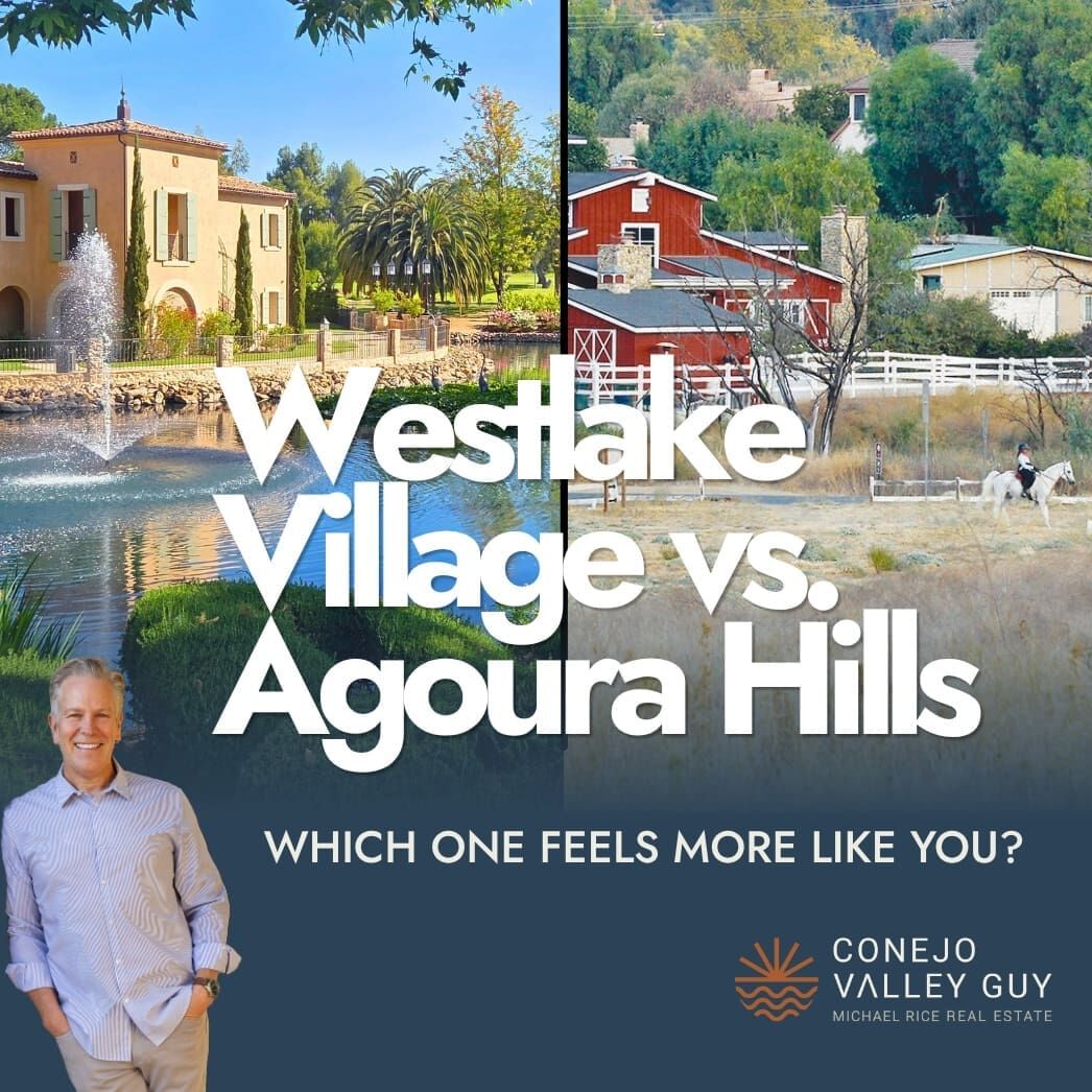 Split image showing a lakefront villa with fountain on the left and a rural ranch scene with barns on the right; text compares Westlake Village and Agoura Hills. A smiling man stands in the bottom left, inviting viewers to visit the Link In Bio Page for more details.